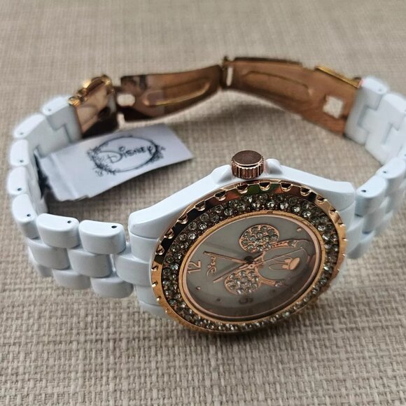 Minnie Mouse Disney Wristwatch White Band Crystals Accent Bezel Analog Watch - Picture 4 of 11